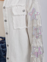 WOMEN'S LONG SLEEVE BUTTON UP SEQUINS FRINGE DENIM SHACKET
