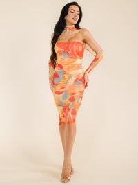 WOMEN'S SLEEVELESS BODYCON MULTI PRINT TUBE MIDI DRESS