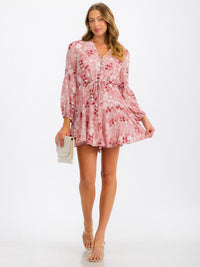 WOMEN'S LONG SLEEVE BUTTON UP SELF TIE FLORAL MINI DRESS