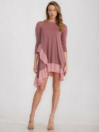 WOMEN'S 3/4 SLEEVE LOOSE FIT RUFFLE DETAILED HIGH-LOW MINI DRESS