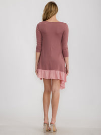 WOMEN'S 3/4 SLEEVE LOOSE FIT RUFFLE DETAILED HIGH-LOW MINI DRESS