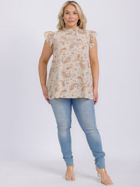PLUS SIZE RUFFLE SLEEVE MOCK NECK PAISLEY PRINT BLOUSE