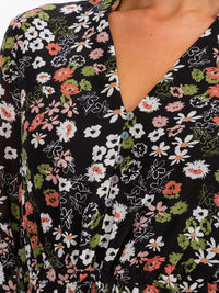 WOMEN'S LONG SLEEVE BUTTON UP SELF TIE FLORAL MINI DRESS