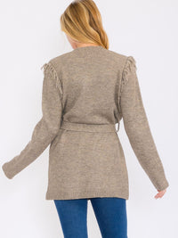 WOMEN'S LONG SLEEVES TRIM FRINGE OPEN FRONT SELF TIE POCKETS CARDIGAN