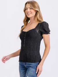 WOMEN'S SHORT SLEEVE SQUARE NECK BUTTON UP SMOCK BLOUSE