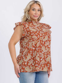 PLUS SIZE RUFFLE SLEEVE MOCK NECK PAISLEY PRINT BLOUSE