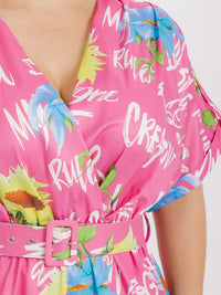 PLUS SIZE SHORT SLEEVE SURPLICE ELASTIC WAIST MULTI PRINT WIDE LEG JUMPSUIT