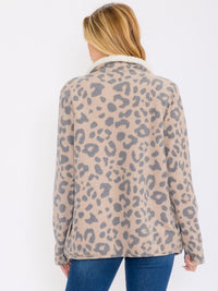 WOMEN'S LONG SLEEVES OPEN FRONT POCKETS ANIMAL PRINT SHERPA CARDIGAN