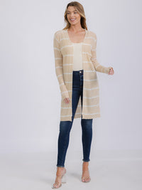 WOMEN'S LONG SLEEVE OPEN COLORBLOCK STRIPES KNIT CARDIGAN