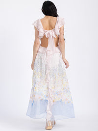 WOMEN'S SLEEVELESS V-NECK RUFFLE OPEN BACK FLORAL MAXI DRESS