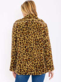 WOMEN'S LONG SLEEVE BUTTON CLOSURE FRONT POCKETS ANIMAL PRINT SHERPA JACKET