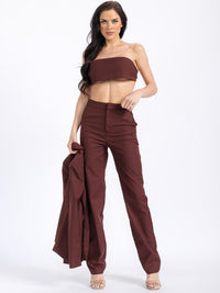 WOMEN'S SLEEVELESS CROP TOP WITH LONG SLEEVE BLAZER & BUTTON CLOSURE PANTS SOLID 3PC. SET