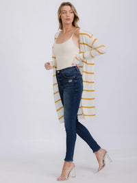 WOMEN'S LONG SLEEVE OPEN COLORBLOCK STRIPES KNIT CARDIGAN