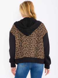 WOMEN'S LONG SLEEVE ZIP UP FRONT POCKETS ANIMAL PRINT HOODED JACKET