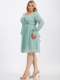 PLUS SIZE LONG SLEEVE SURPLICE SELF TIE MINI DRESS