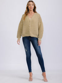 WOMEN'S LONG SLEEVE BUTTON CLOSURE RIBBED CARDIGAN SWEATER