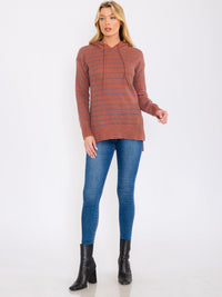 WOMEN'S LONG SLEEVES HOODED STRIPES PULLOVER SWEATER