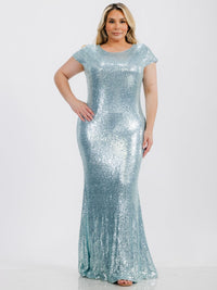 PLUS SIZE SHORT SLEEVE BODYCON SEQUINS MAXI GOWN DRESS