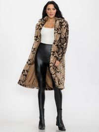WOMEN'S LONG SLEEVE BUTTON CLOSURE FRONT POCKETS FAUX FUR SNAKE PRINT COAT