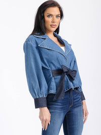 WOMEN'S LONG SLEEVE SELF TIE COLORBLOCK DENIM JACKET