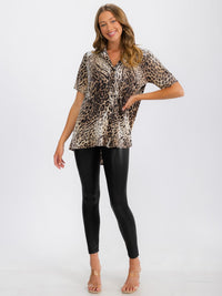 WOMEN'S SHORT SLEEVE BUTTON UP TUNIC ANIMAL PRINT TOP