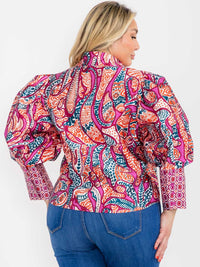 PLUS SIZE LONG PUFF SLEEVE BUTTON UP MULTI PRINT BLOUSE