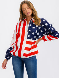 WOMEN'S LONG SLEEVE ZIP UP AMERICA FLAG PRINT LIGHTWEIGHT JACKET