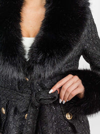 WOMEN'S LONG SLEEVE BUTTON CLOSURE FRONT POCKETS REMOVABLE COLLAR TWEED SEQUINS COAT
