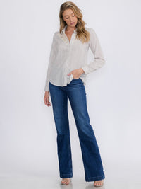 WOMEN'S LONG SLEEVE BUTTON CLOSURE LACE STRIPES BLOUSE