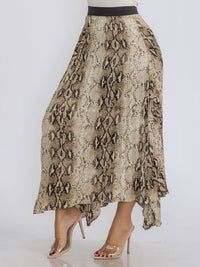 WOMEN'S ELASTIC WAIST SLIT PLEATED ANIMAL PRINT MAXI SKIRT