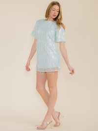 WOMEN'S SHORT SLEEVE FRINGE SEQUINS DETAILED MINI DRESS