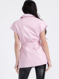 WOMEN'S SLEEVELESS BUTTON CLOSURE SELF TIE FRONT POCKETS PU PLEATHER VEST