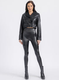 WOMEN'S LONG SLEEVE BUTTON CLOSURE PU PLEATHER BELTED JACKET