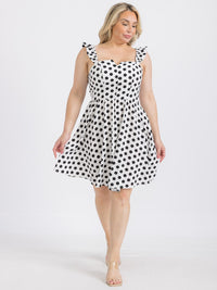 PLUS SIZE SLEEVELESS BUTTON UP POLKA DOTS FIT & FLARE MINI DRESS
