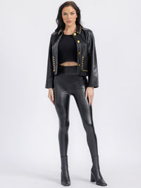WOMEN'S LONG SLEEVE BUTTON CLOSURE FRONT POCKETS PU PLEATHER STUDS JACKET