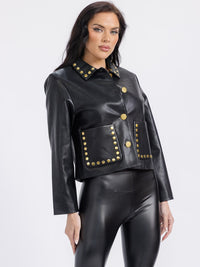 WOMEN'S LONG SLEEVE BUTTON CLOSURE FRONT POCKETS PU PLEATHER STUDS JACKET