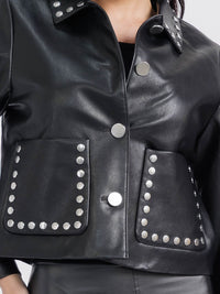 WOMEN'S LONG SLEEVE BUTTON CLOSURE FRONT POCKETS PU PLEATHER STUDS JACKET