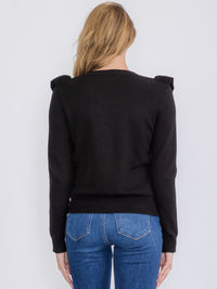 WOMEN'S LONG SLEEVE RUFFLE TRIM DETAILED PULLOVER SWEATER