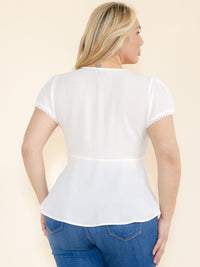PLUS SIZE SHORT SLEEVE V-NECK BUTTON CLOSURE BLOUSE