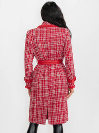 WOMEN'S LONG SLEEVE BUTTON CLOSURE FRONT POCKETS PLAID TWEED COAT