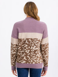 WOMEN'S LONG SLEEVE COLORBLOCK ANIMAL PRINT DETAILED PULLOVER SWEATER