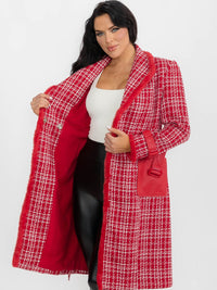 WOMEN'S LONG SLEEVE BUTTON CLOSURE FRONT POCKETS PLAID TWEED COAT