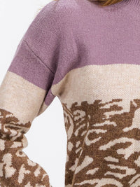 WOMEN'S LONG SLEEVE COLORBLOCK ANIMAL PRINT DETAILED PULLOVER SWEATER