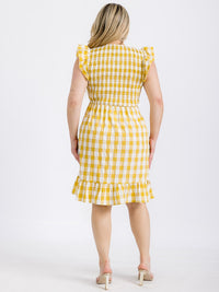 PLUS SIZE RUFFLE SLEEVE V-NECK SMOCK PLAID MINI DRESS