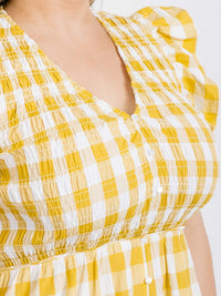 PLUS SIZE RUFFLE SLEEVE V-NECK SMOCK PLAID MINI DRESS
