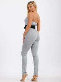 WOMEN'S SLEEVELESS BODYCON BELTED SOLID SKINNY LEG JUMPSUIT