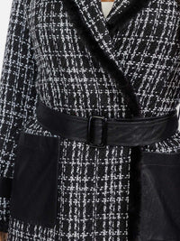 WOMEN'S LONG SLEEVE BUTTON CLOSURE FRONT POCKETS PLAID TWEED COAT