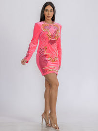 WOMEN'S LONG SLEEVE MULTI SEQUINS PEARL DETAILED BODYCON MINI DRESS