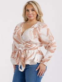 PLUS SIZE LONG SLEEVES SURPLICE SELF TIE MULTI PRINT BLOUSE