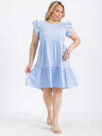 PLUS SIZE RUFFLE SLEEVE TIERED TUNIC PLAID MINI DRESS